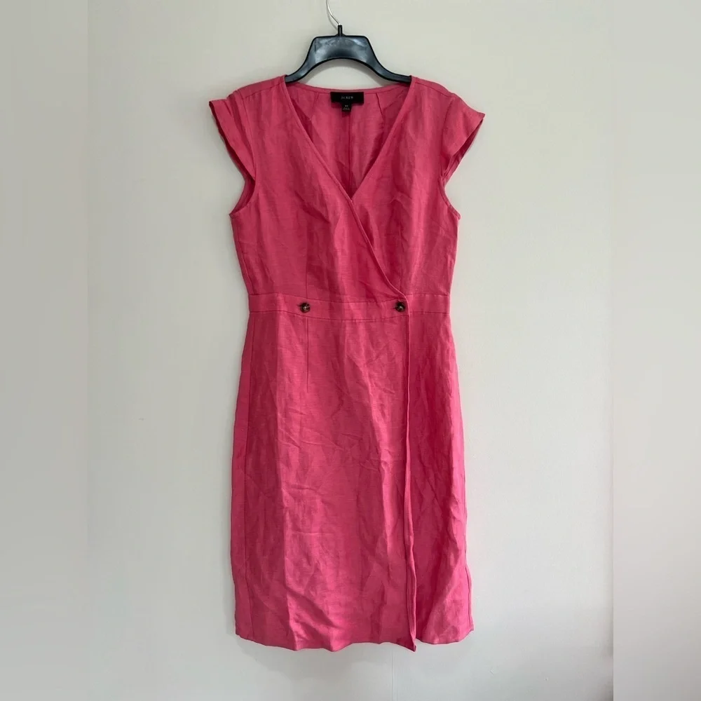 J. Crew Linen Cupro V-Neck Cap Sleeve Sheath Wrap Dress in Pink Coral, size 8T
